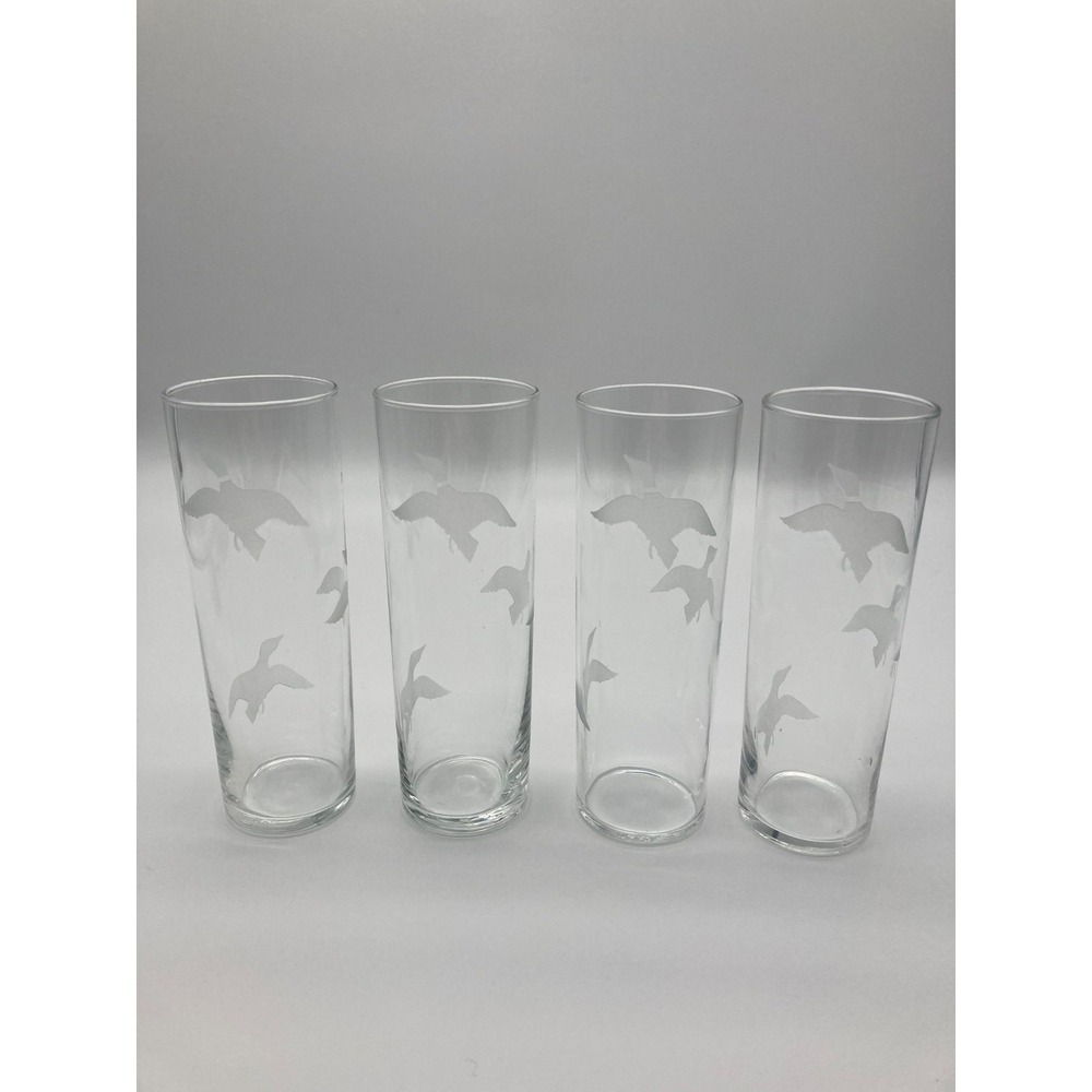 Vintage Etched Flying Ducks Mallard Highball Glasses Set of 4 Clear Barware